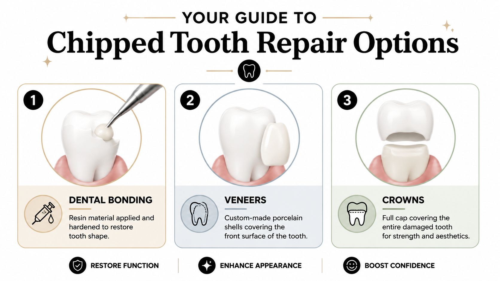 A helpful infographic outlining three common professional dental options for repairing a chipped or damaged tooth.