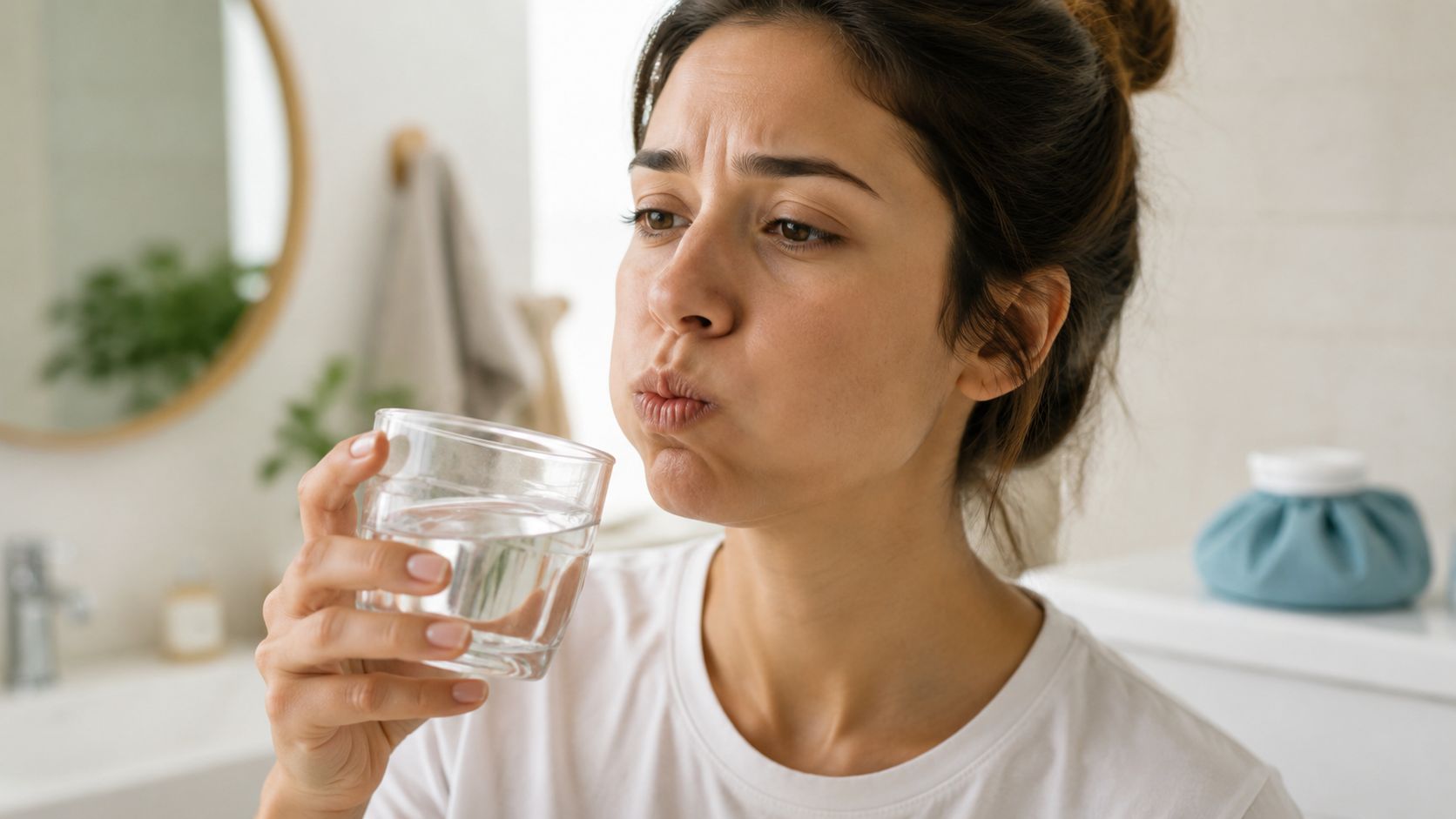 A woman holding a glass of water while rinsing her mouth in the bathroom.