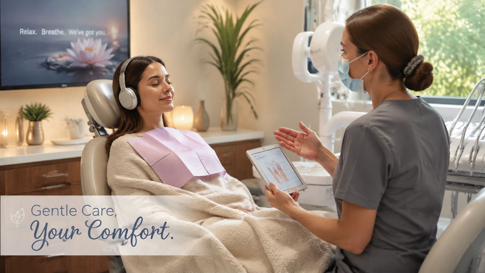 A relaxed patient in a dental chair listening to music while a dentist explains a procedure.