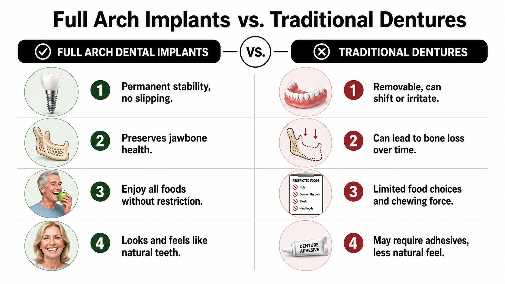 A comparison infographic showing the benefits of full arch dental implants versus traditional removable dentures.