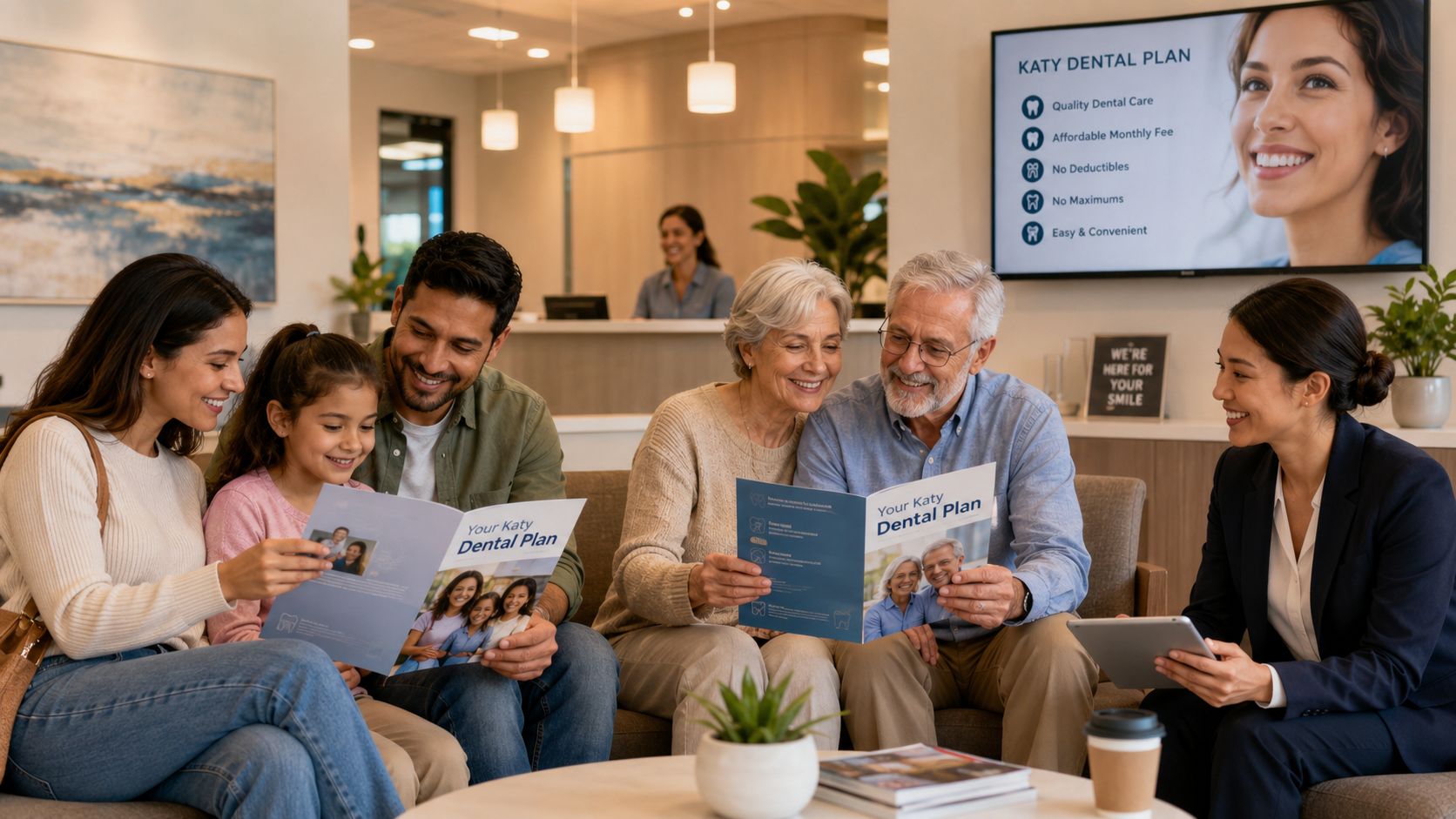 A friendly dental team explains in-house membership plans to a smiling multigenerational family in a modern office.