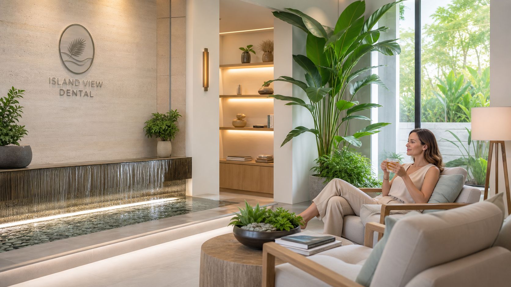 A woman relaxes in a calm, modern dental office waiting area with an indoor water feature and plants.