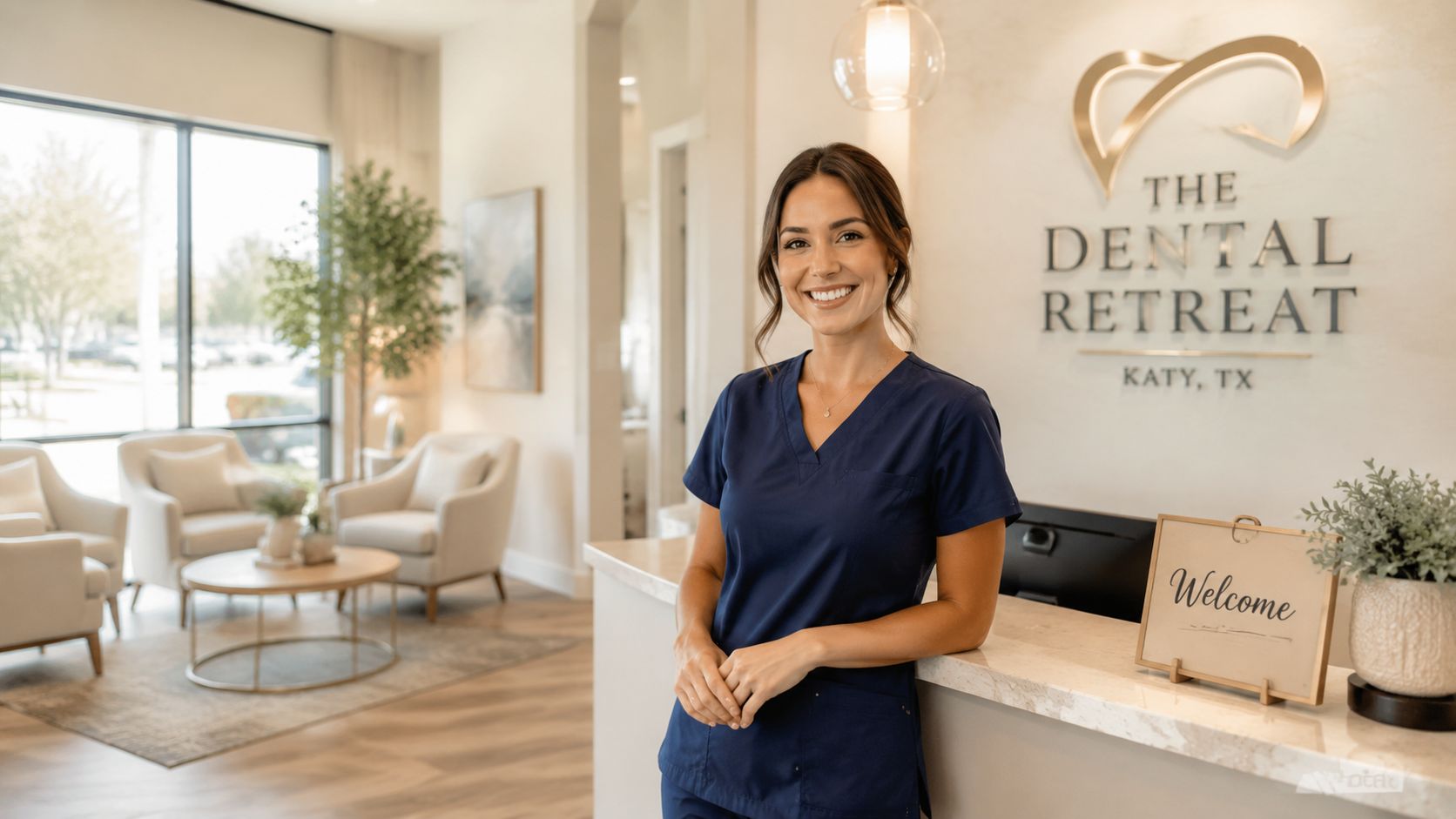 A friendly dental assistant smiling at the front desk of The Dental Retreat office in Katy, Texas.