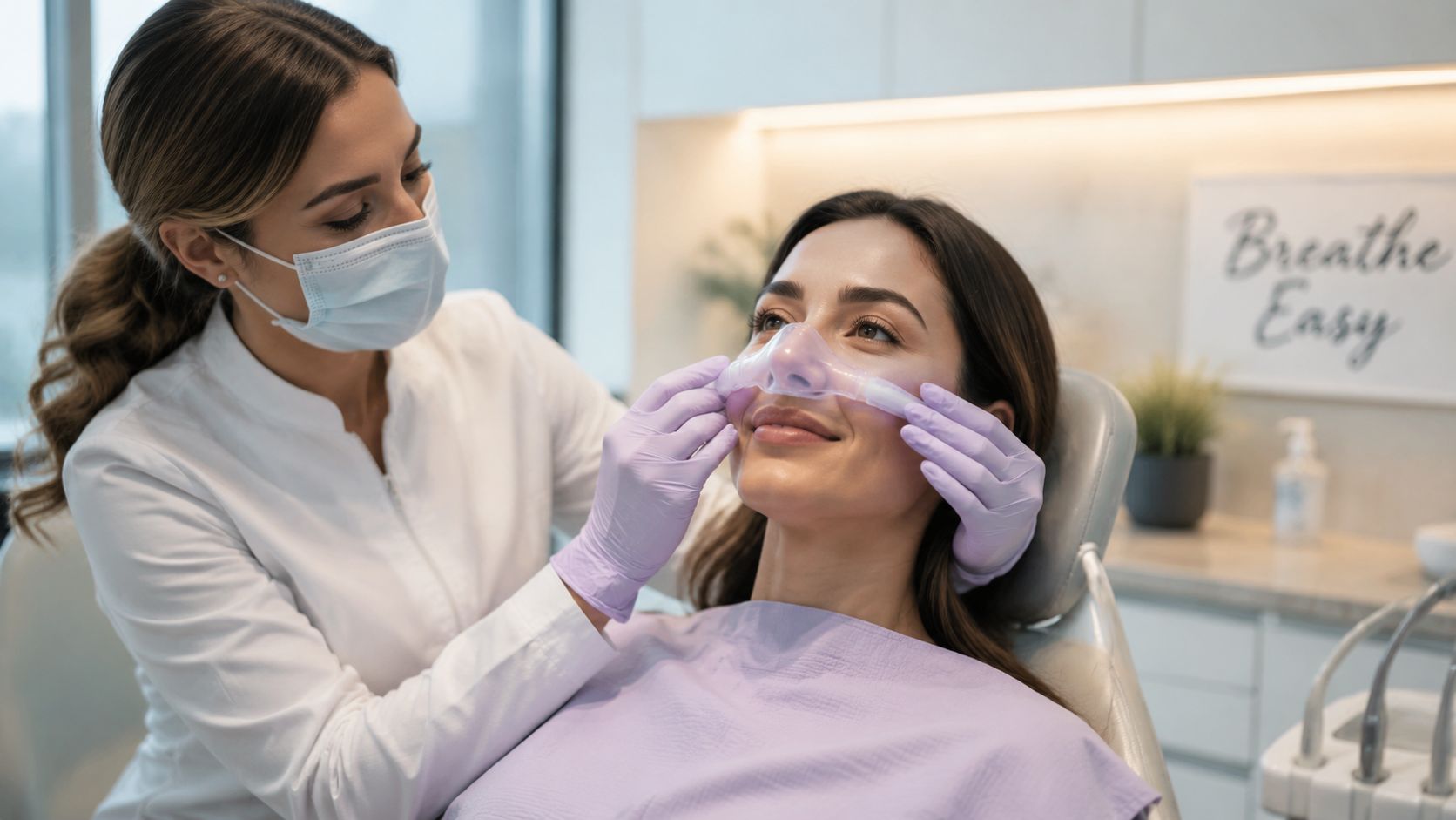 A dental professional applying a nitrous oxide nasal hood on a smiling patient in a modern dental office.