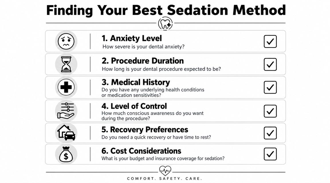 An infographic checklist for evaluating dental sedation methods based on anxiety, procedure, history, control, recovery, and cost.
