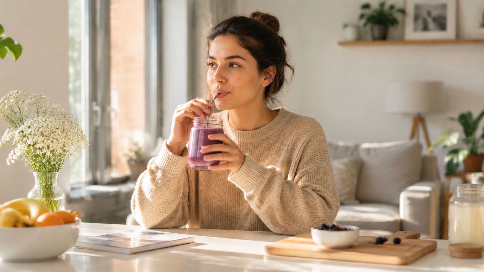 A young woman wearing a beige sweater drinks a healthy purple smoothie while sitting at home.