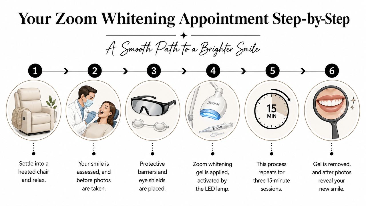 A six-step infographic illustrating the professional Zoom whitening process from consultation to a brighter smile.