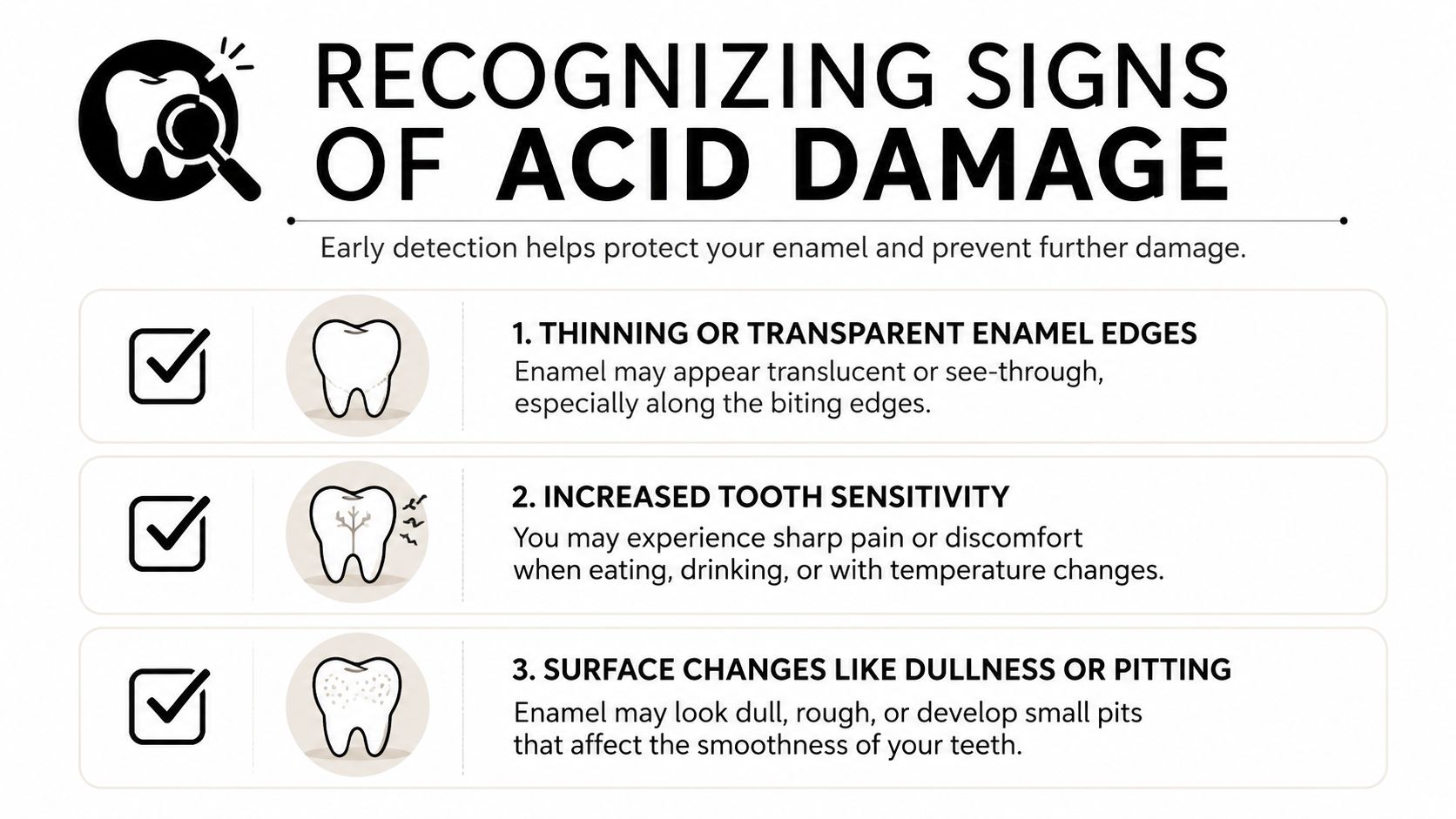 An infographic detailing three common signs of dental acid damage, including enamel thinning, tooth sensitivity, and pitting.
