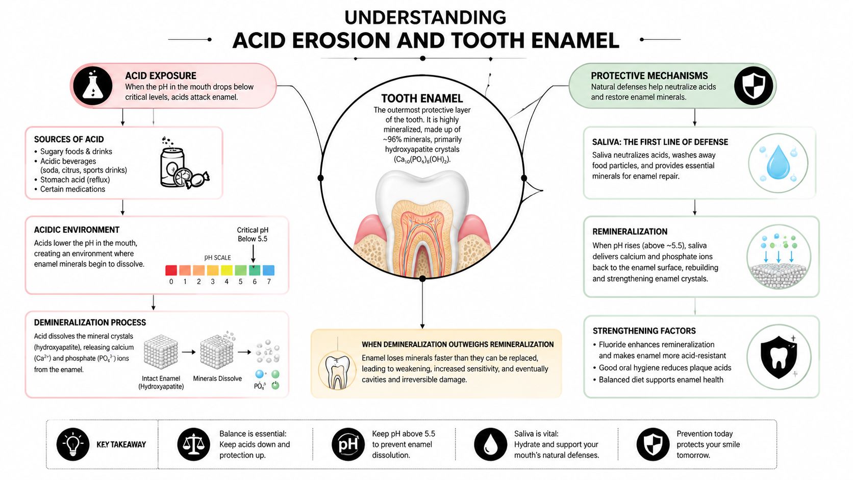 An infographic detailing the process of acid erosion on tooth enamel and natural protective dental mechanisms.