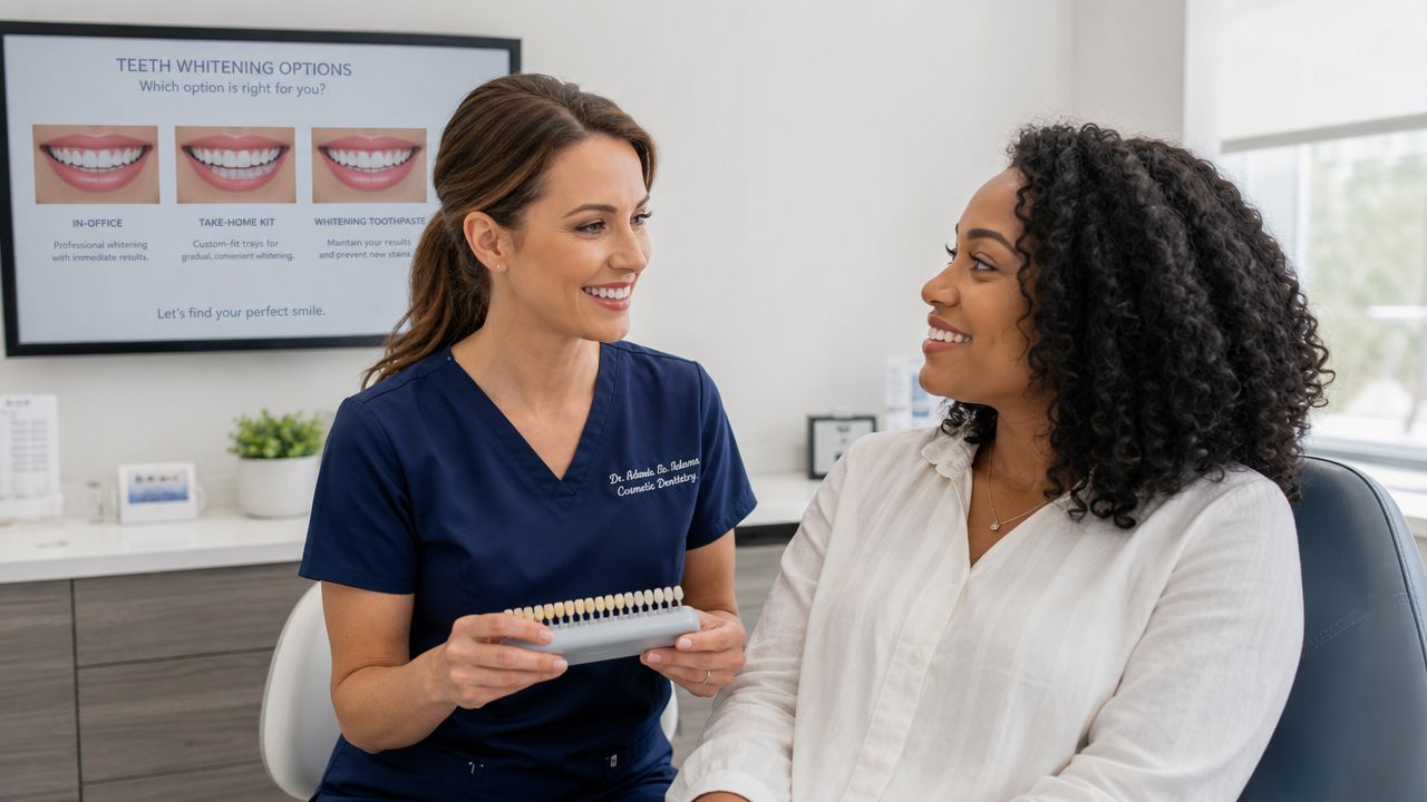 A friendly dentist shows tooth shade samples to a patient during a teeth whitening consultation appointment.
