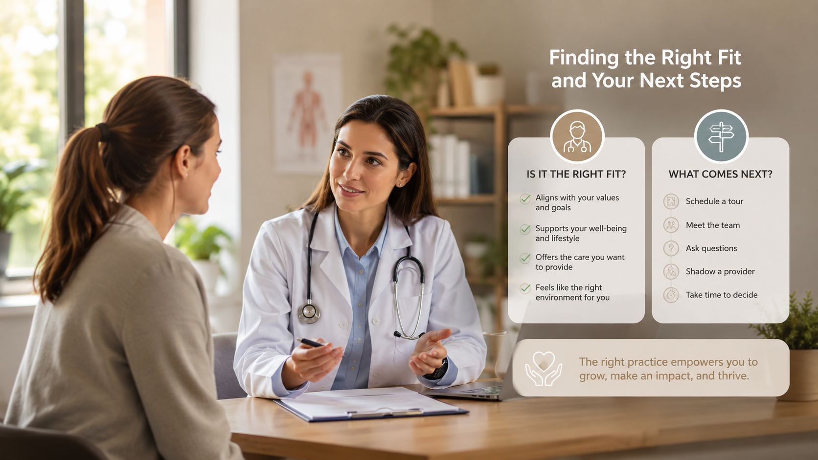 A friendly female doctor consulting with a patient in a professional and supportive office environment.