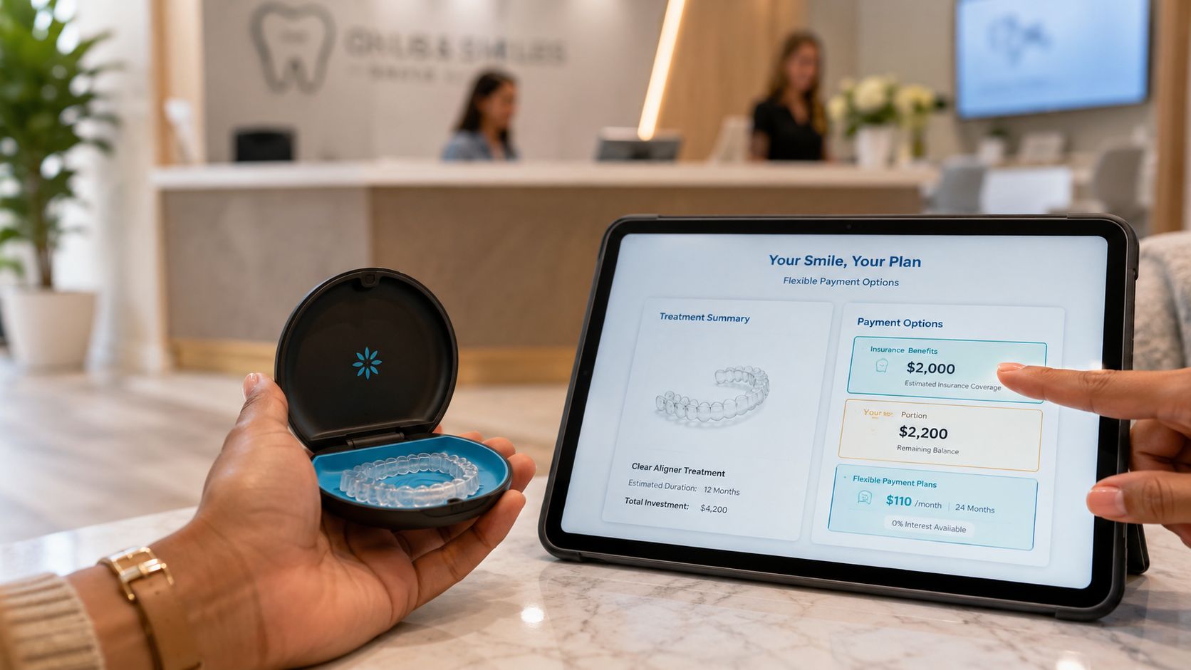 A person viewing clear aligner treatment costs and flexible payment options on a tablet screen.