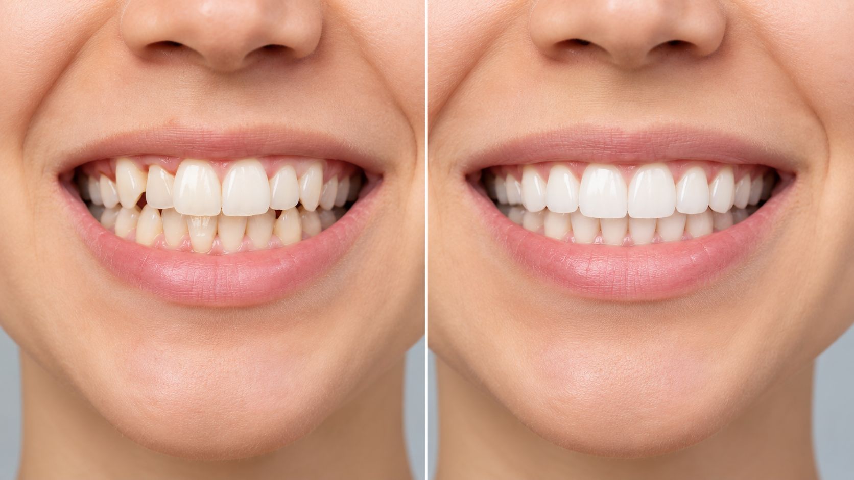 A split image showing a person's teeth before and after clear aligner treatment and professional teeth whitening.