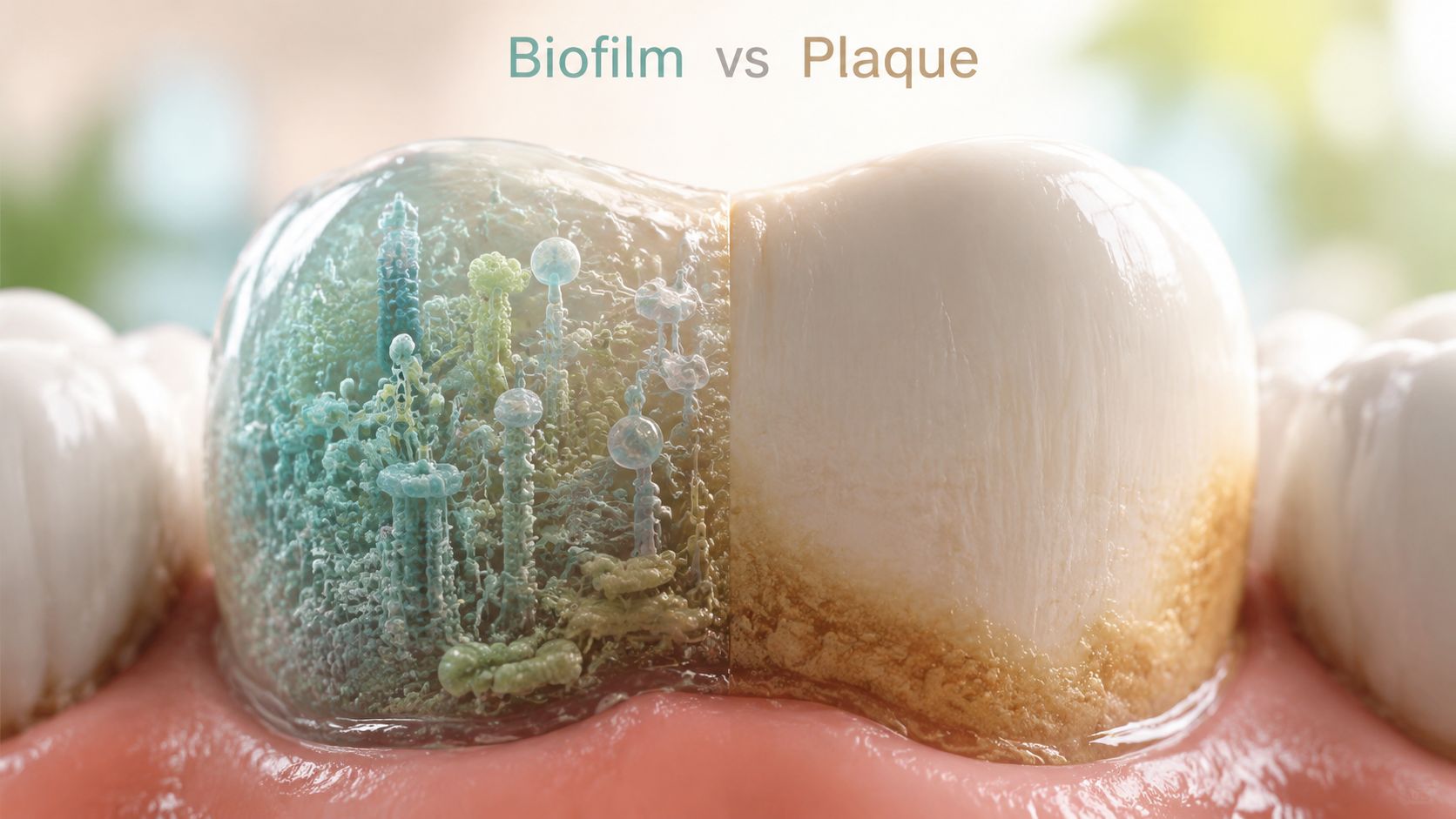 A split-screen illustration comparing oral biofilm on one tooth with hardened dental plaque on another.
