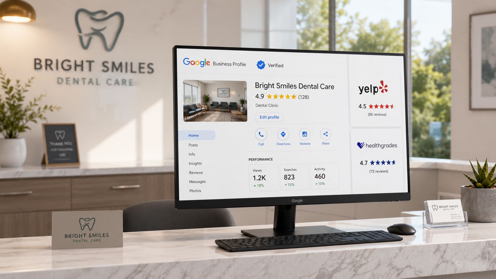 A computer screen showing a Bright Smiles Dental Care business profile with review ratings and performance analytics.
