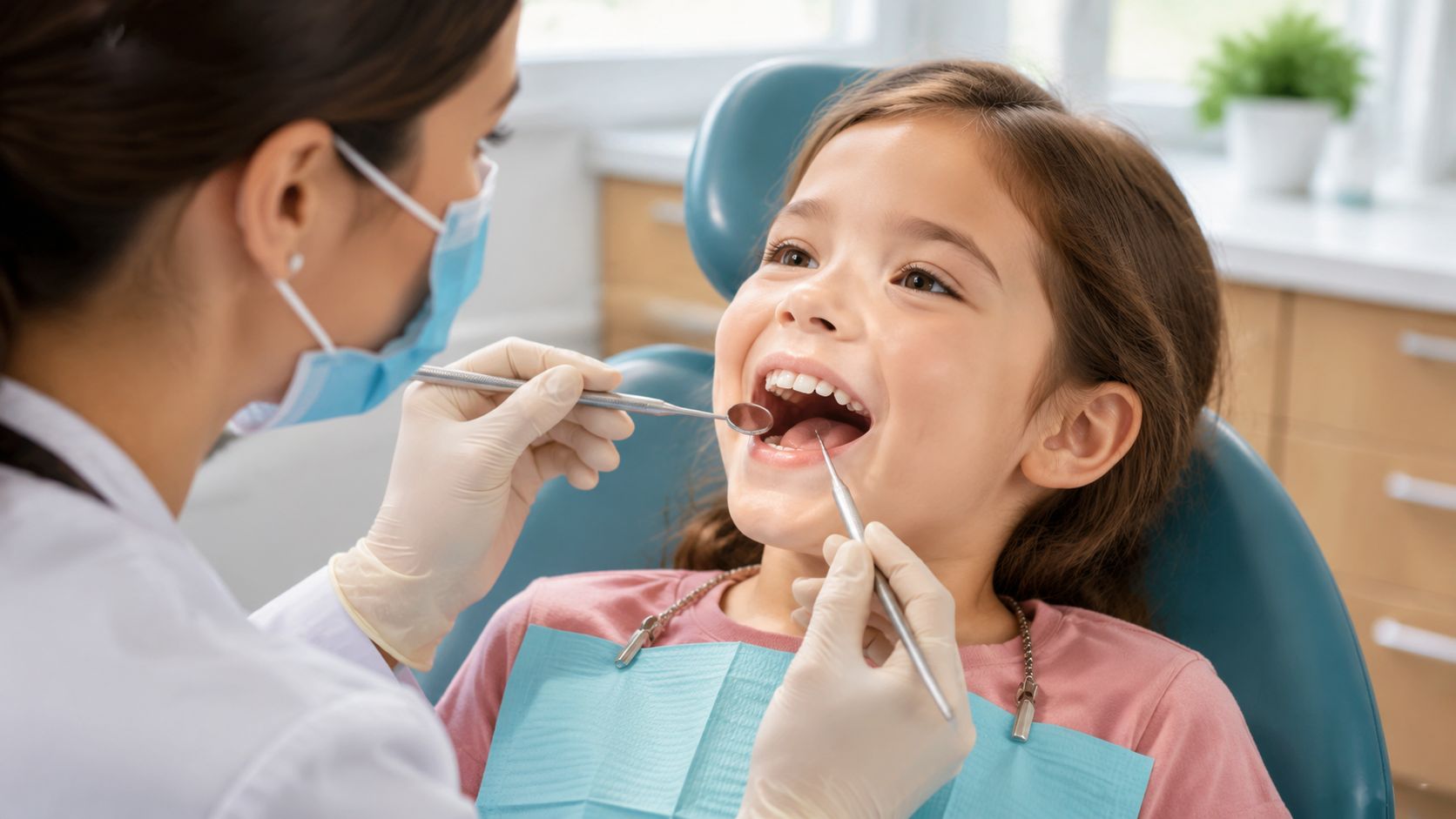A friendly female dentist performs a routine dental checkup on a young girl in a clinic.