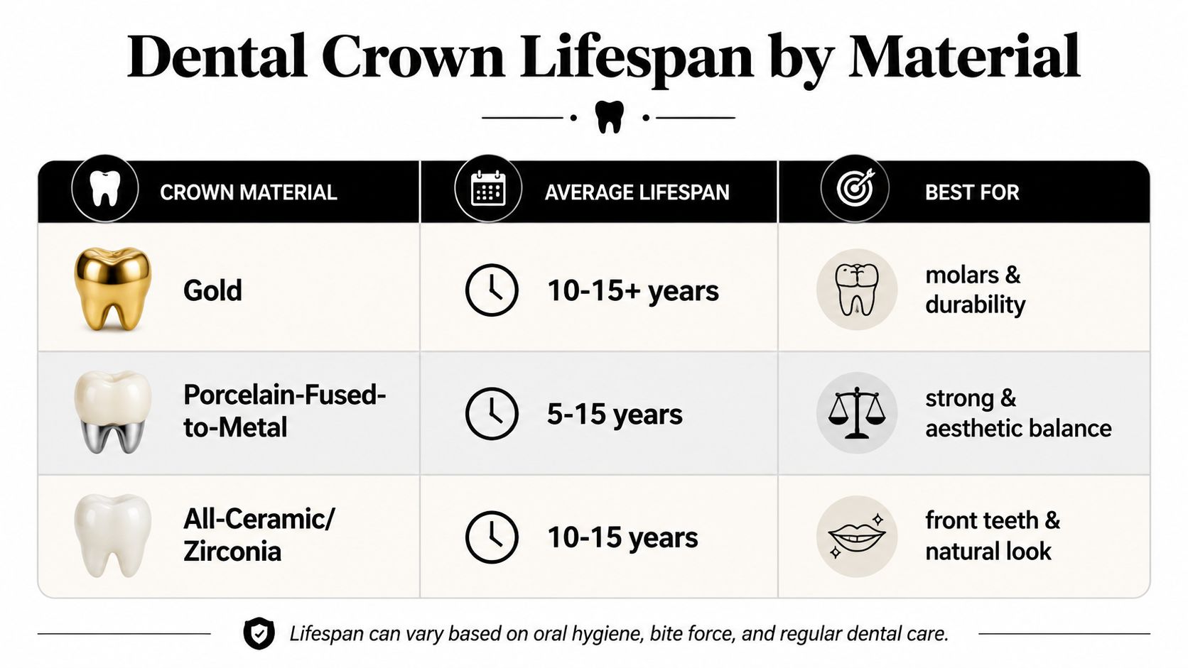A chart comparing the average lifespan and best uses of gold, porcelain-fused-to-metal, and all-ceramic dental crowns.
