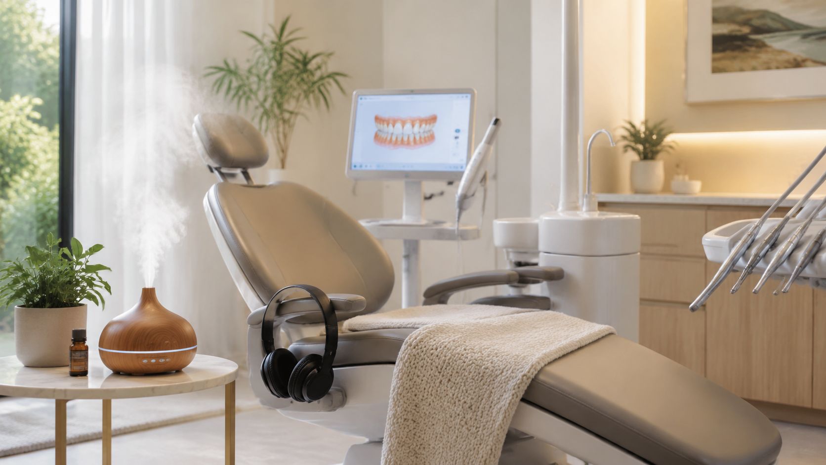 A modern and calming dental exam room featuring a comfortable chair, headphones, and an essential oil diffuser.