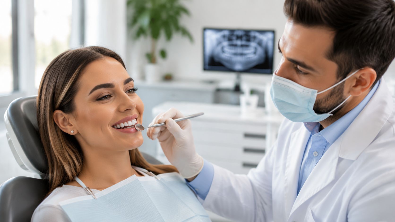 A professional dentist examining a patient's bright white teeth with a mirror tool in a modern clinic.