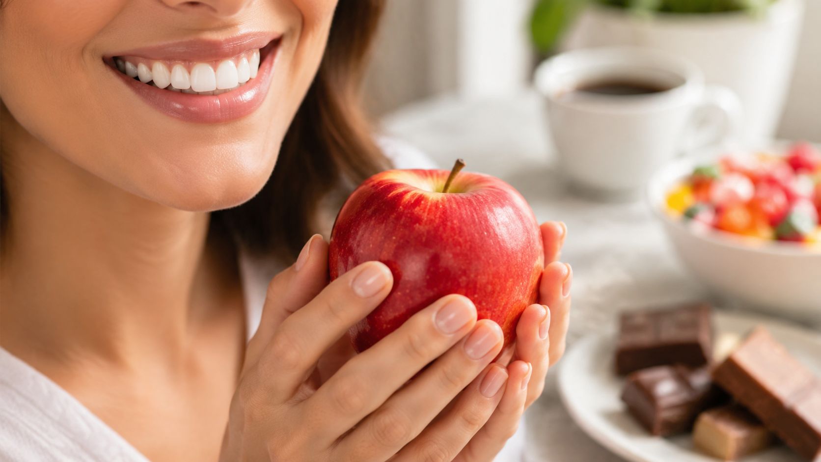 A smiling woman with bright, healthy teeth holds a fresh red apple in her hands.