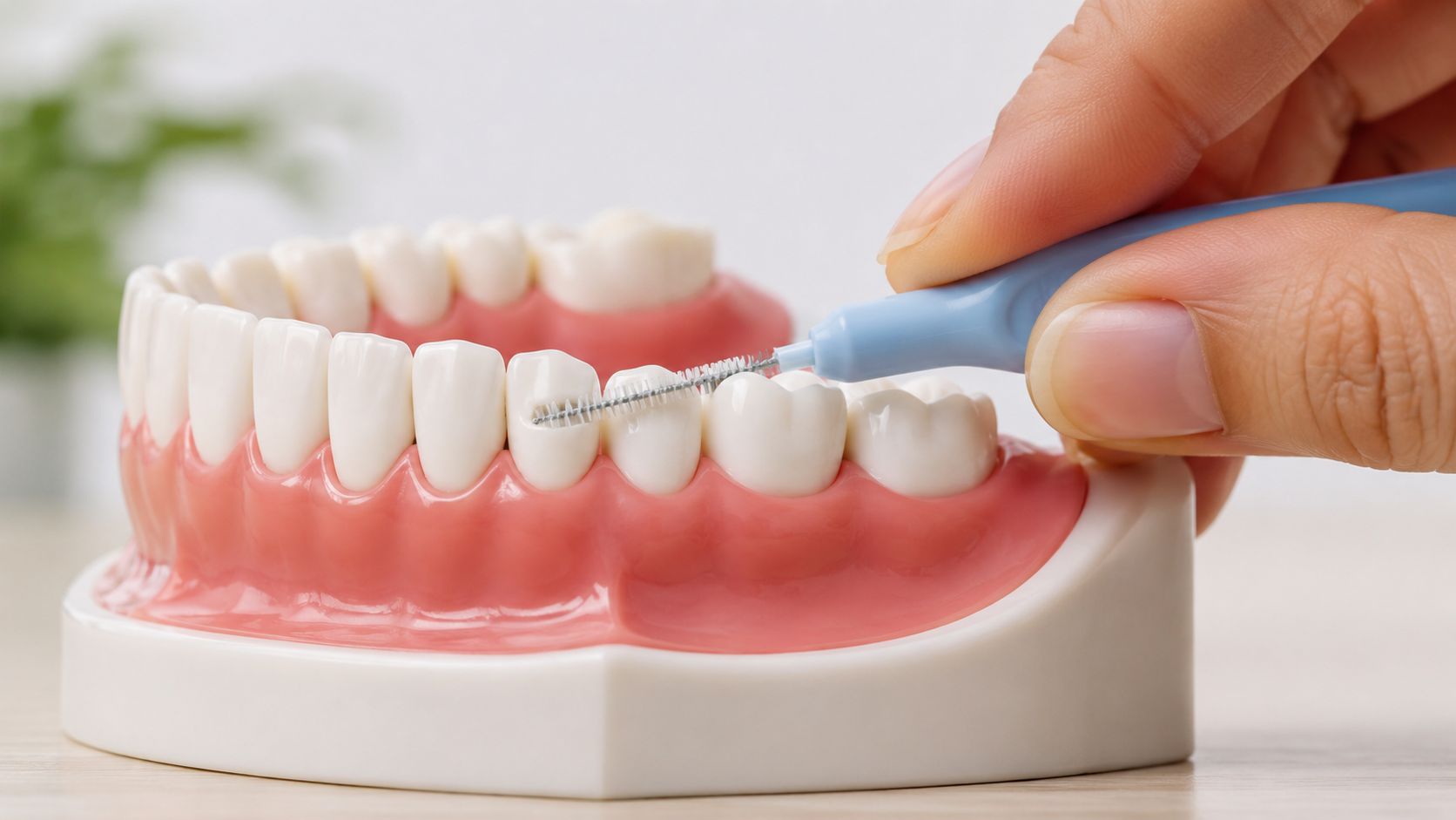 A hand holding an interdental brush cleaning between the teeth of a dental model for demonstration.
