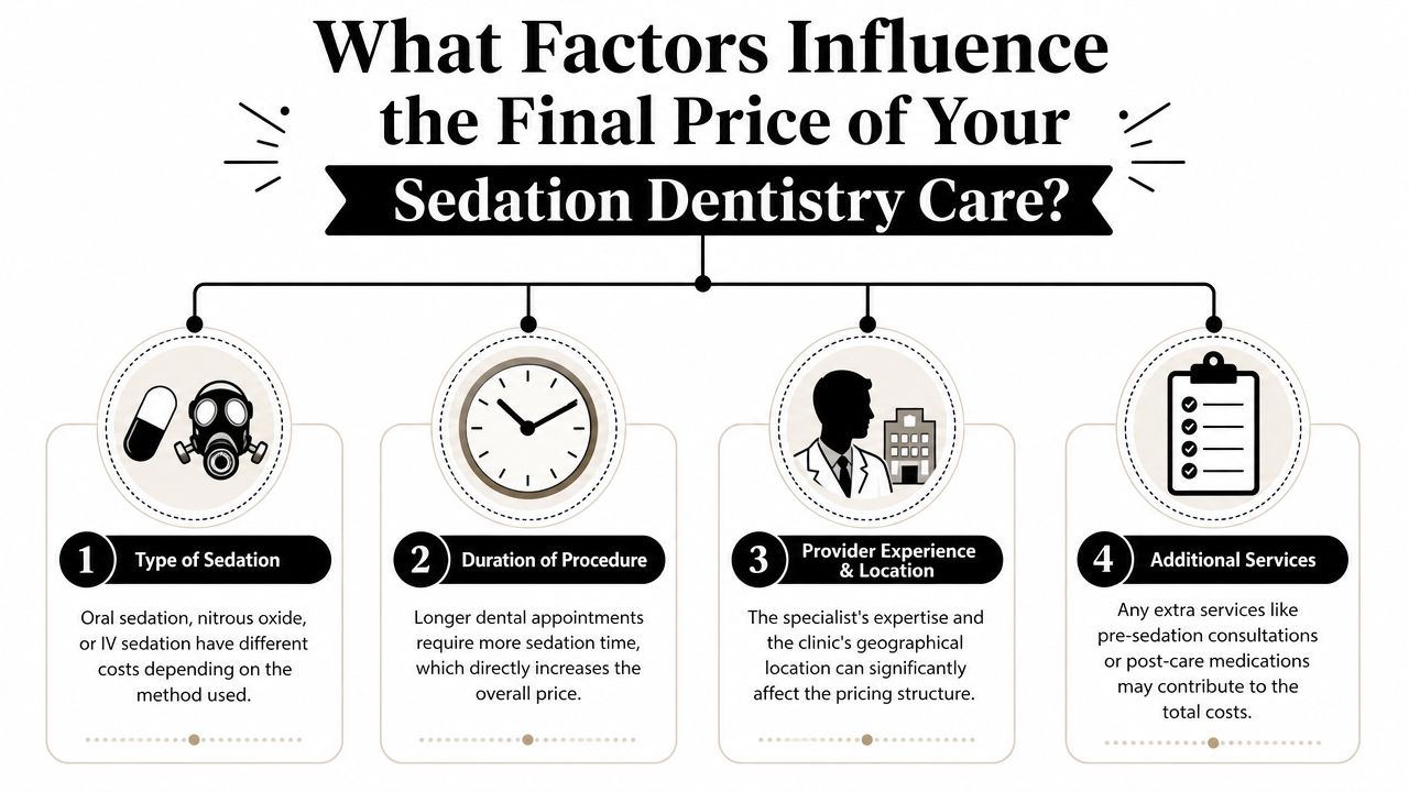An infographic detailing the four key factors that influence the final cost of sedation dentistry treatments.
