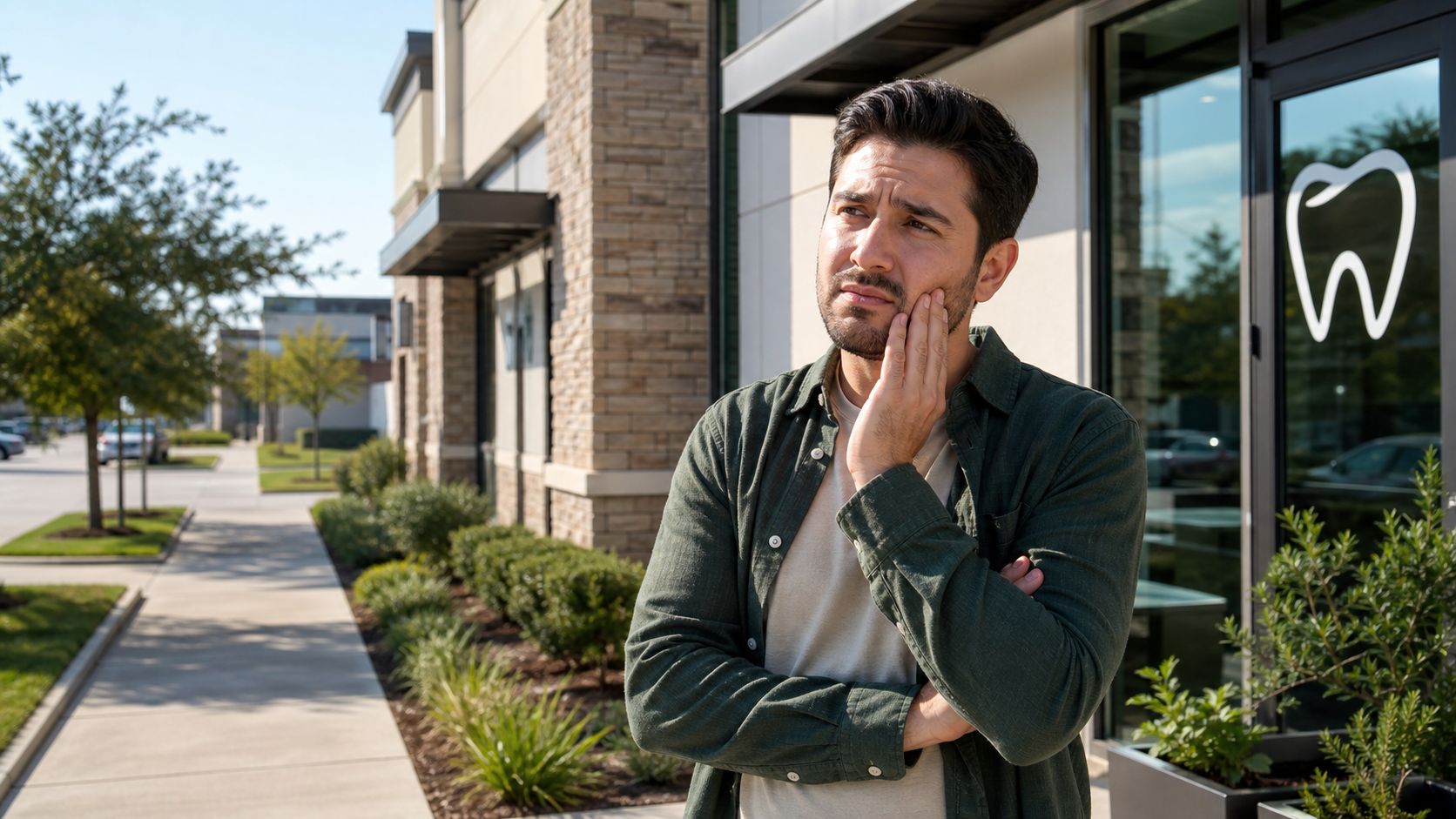 A concerned man suffering from a toothache standing outside a dental clinic looking for treatment options.