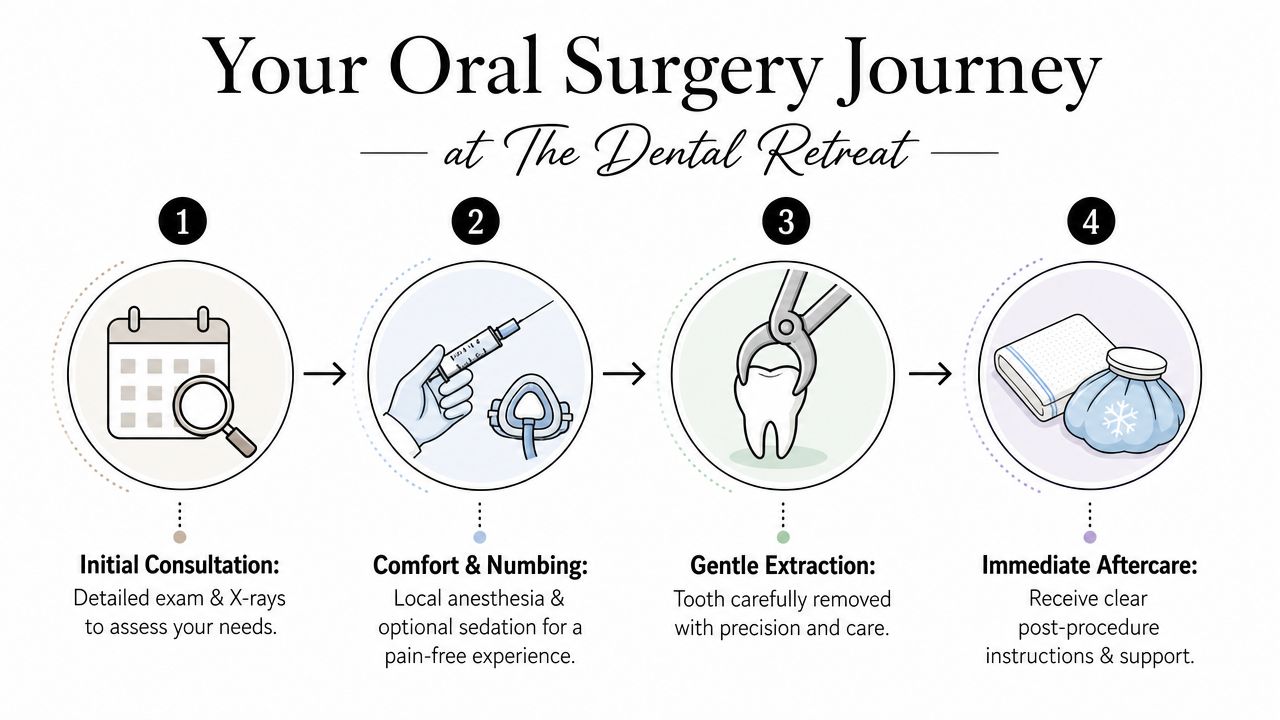 A four-step infographic illustrating the oral surgery extraction process at The Dental Retreat for patient education.