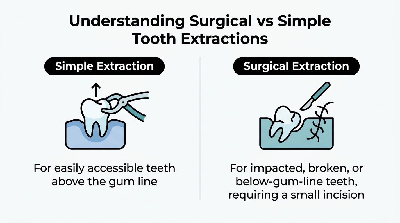 A comparison chart showing the difference between simple and surgical tooth extractions with illustrative icons.