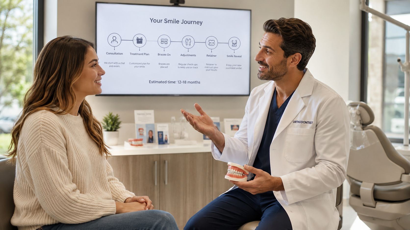 An orthodontist consulting with a female patient about her dental treatment plan in a modern office setting.