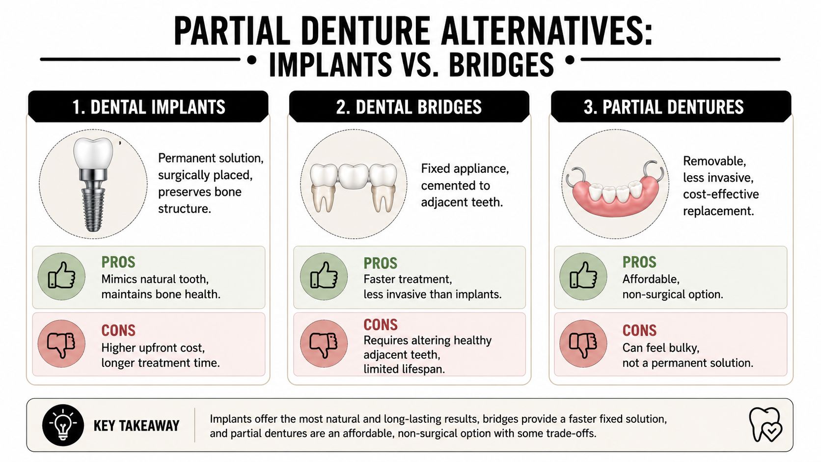 A comparison chart outlining the pros and cons of dental implants, dental bridges, and partial dentures.