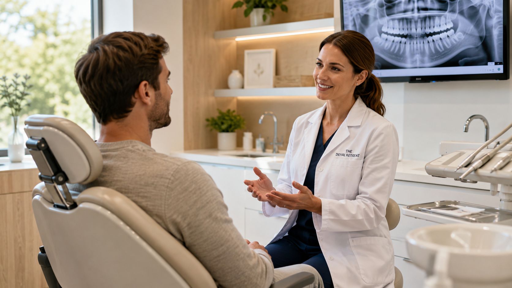 A friendly female dentist explains treatment plans to a male patient in a modern dental office setting.