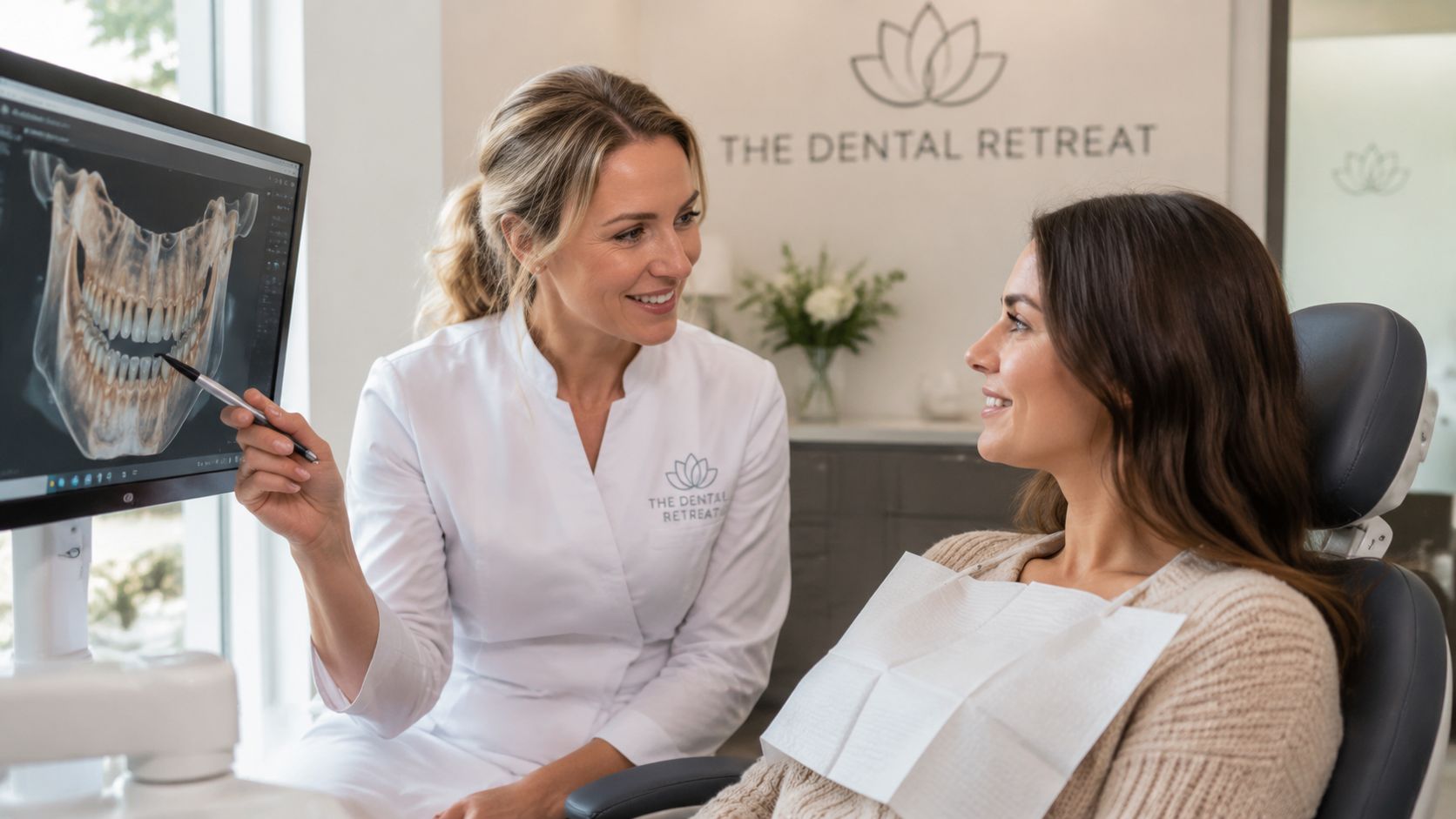 A friendly female dentist explaining dental x-ray results on a computer monitor to her patient.