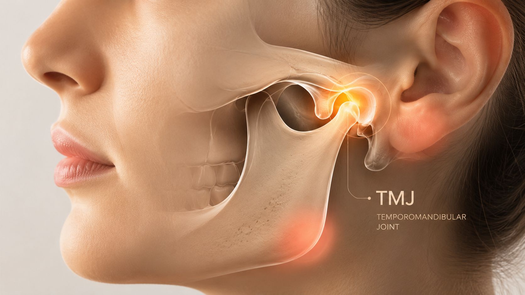 A close-up illustration showing human facial anatomy with the temporomandibular joint highlighted to indicate pain and inflammation.