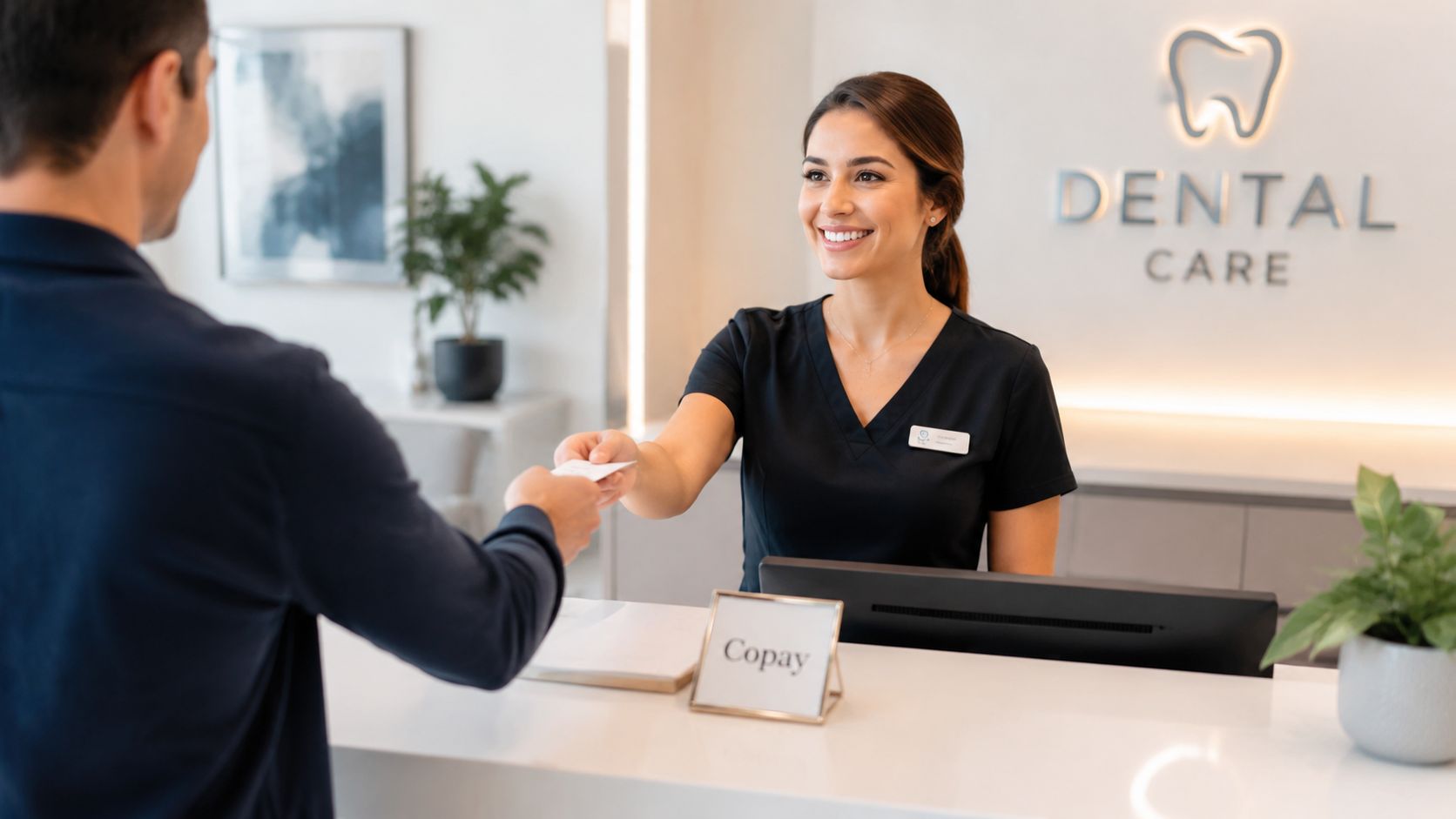 A smiling dental receptionist handing a card to a patient at the front desk of a clinic.