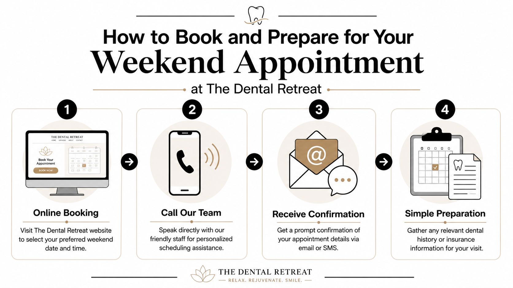 An infographic showing the four-step process for booking and preparing for weekend appointments at The Dental Retreat.