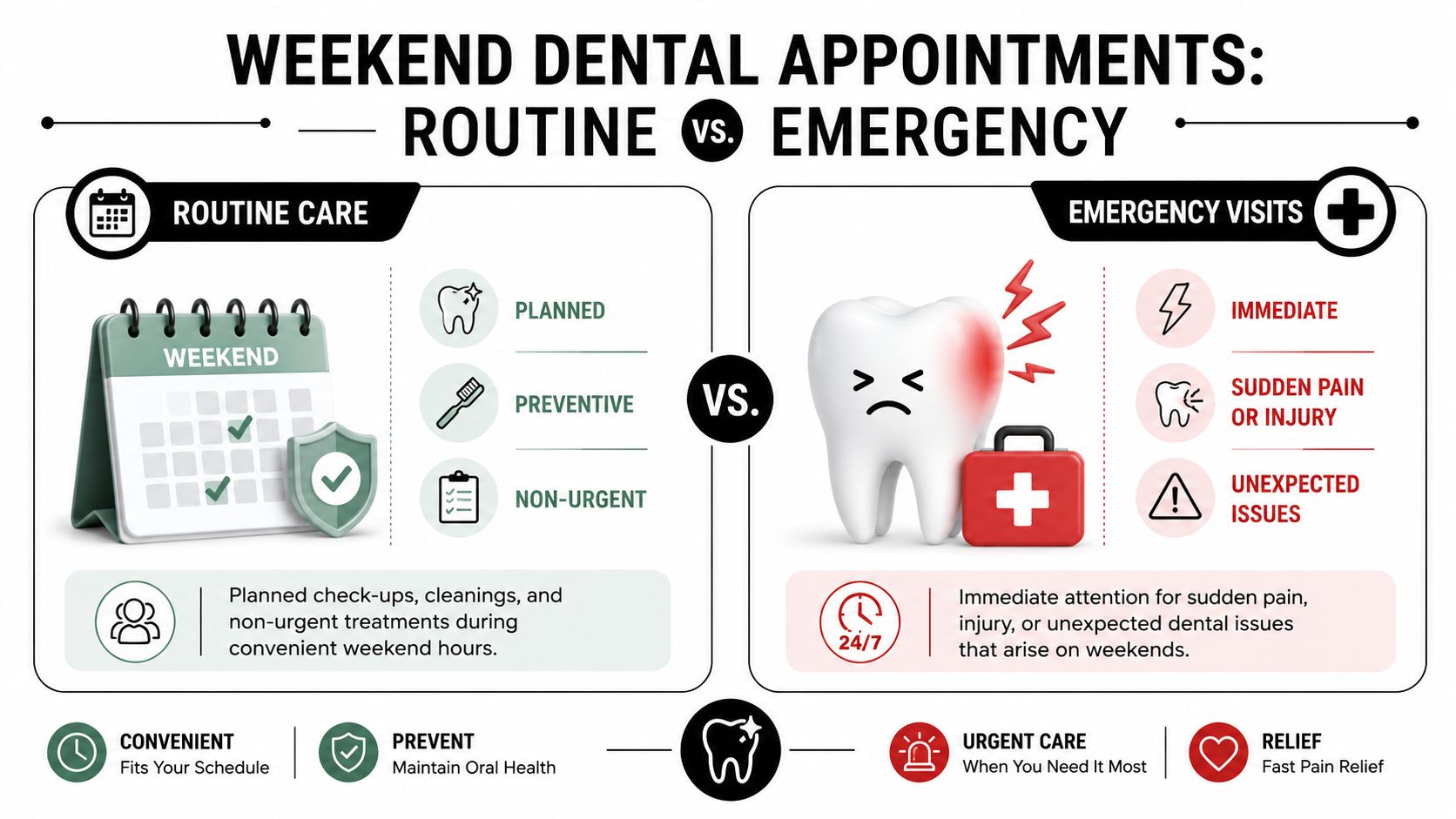 A comparison infographic between planned weekend routine dental care and emergency dental visits for sudden issues.