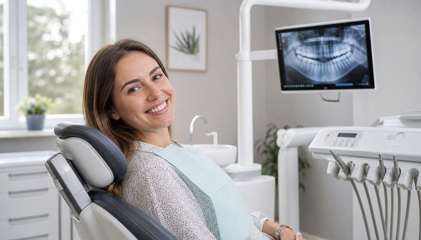 A smiling young woman sits in a dental chair preparing for her weekend dental appointment.