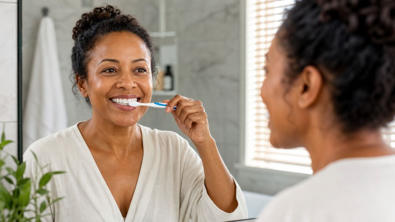 A woman smiling at her reflection while brushing her teeth in a clean, bright bathroom setting.