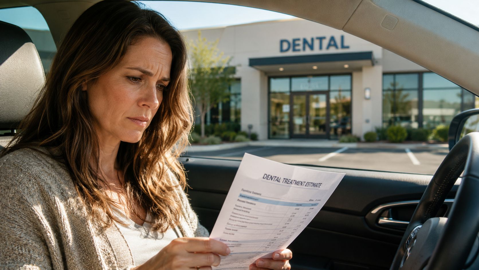A concerned woman sitting in her car reviewing a dental treatment estimate document outside a dental office.