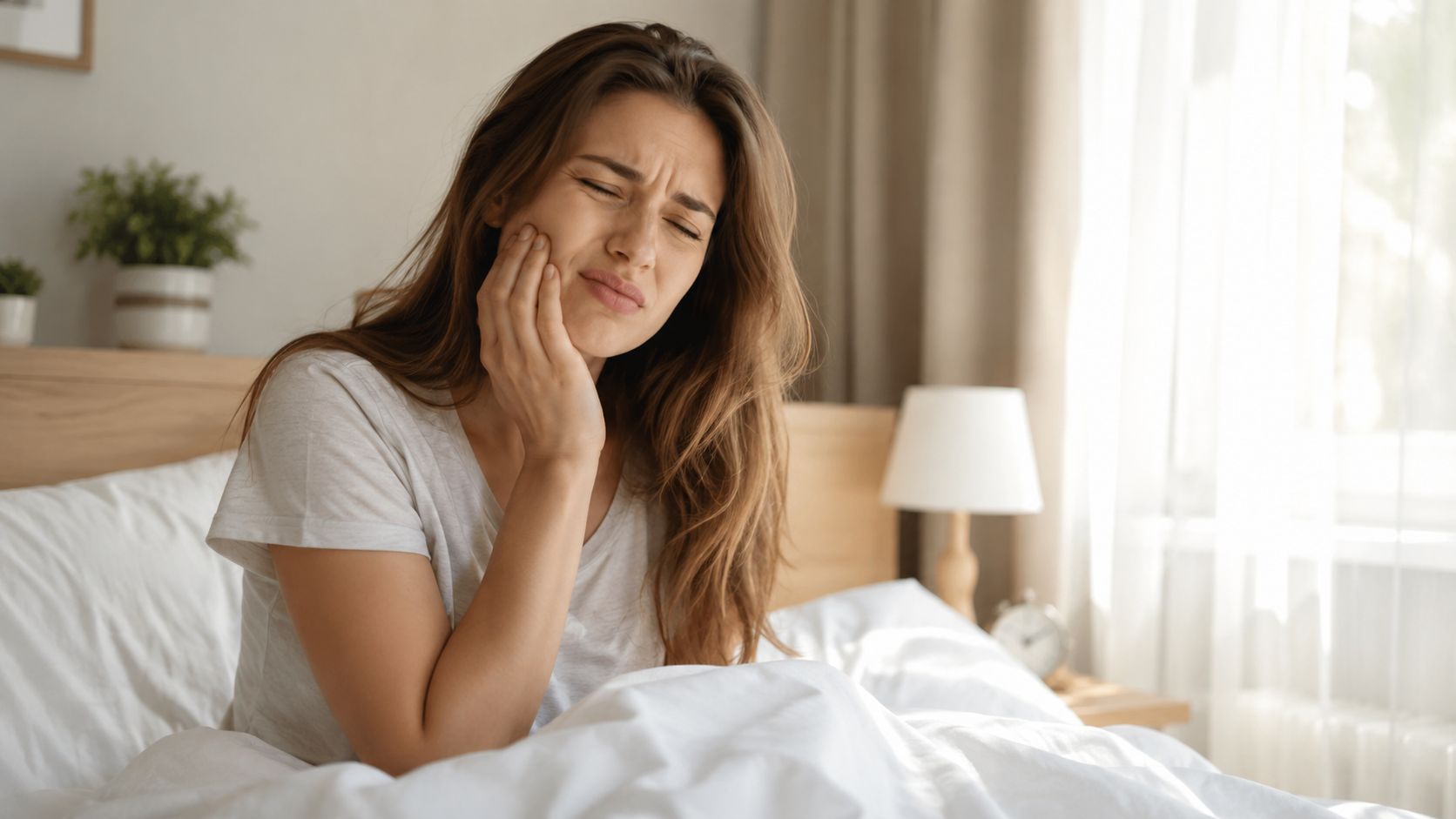 A woman waking up in bed holding her jaw while experiencing symptoms of tooth pain or discomfort.