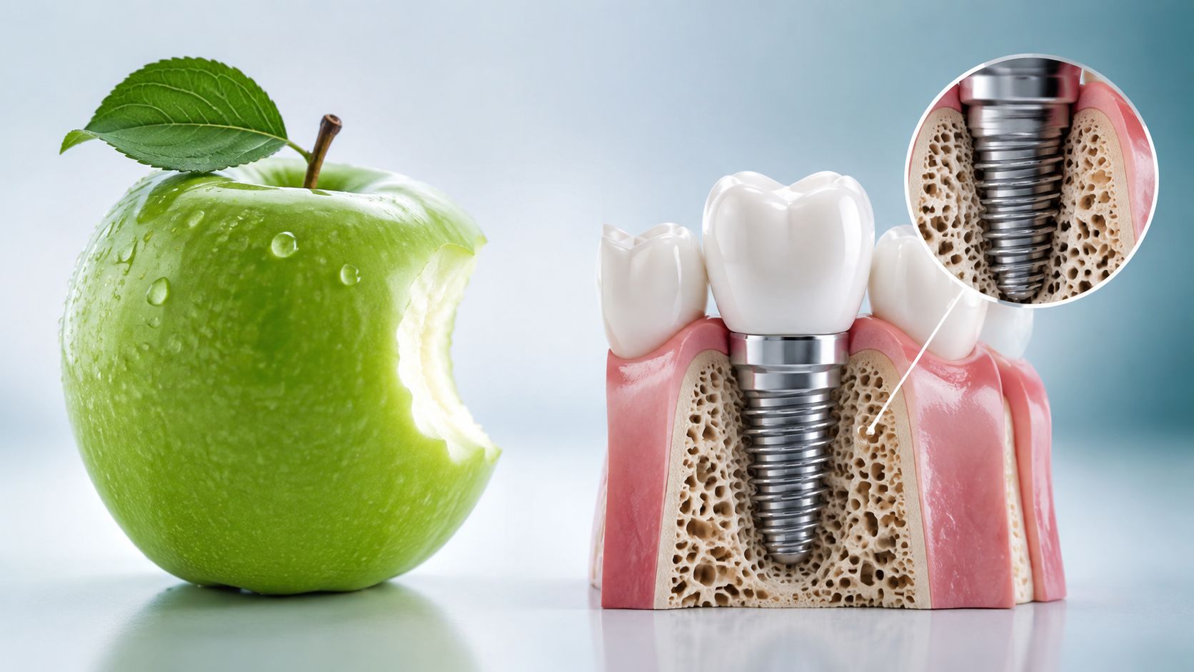 A green apple with a bite mark next to a dental implant cross-section model.