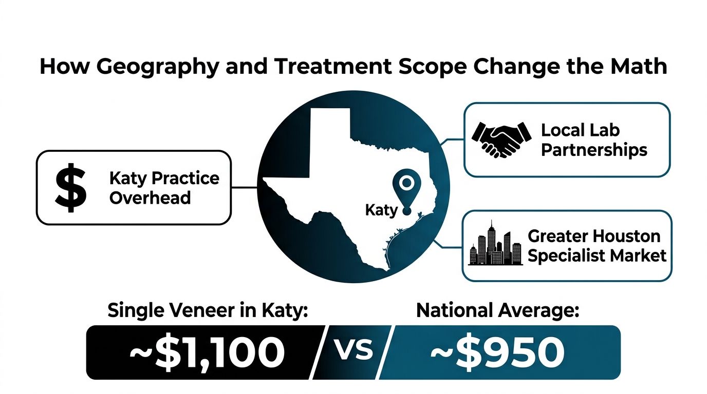 A graphic comparing the cost of a single dental veneer in Katy versus the national average price.