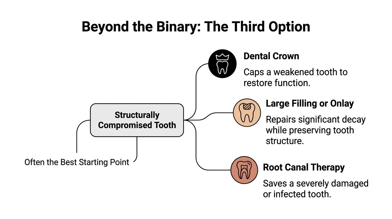 A diagram illustrating treatment options for a structurally compromised tooth including dental crowns, fillings, and root canals.