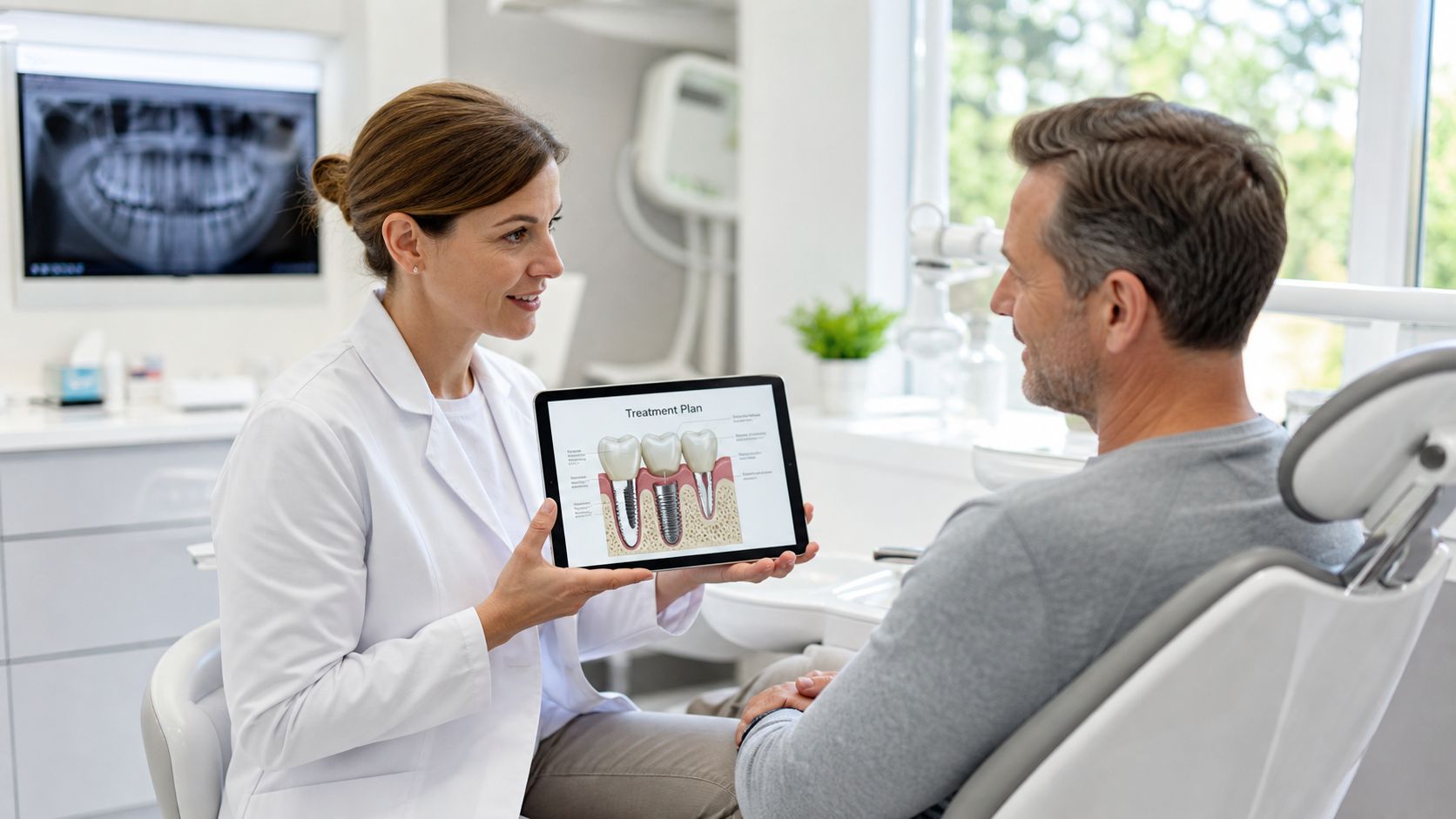A female dentist explaining dental implant treatment plans using a tablet to a patient in an office.