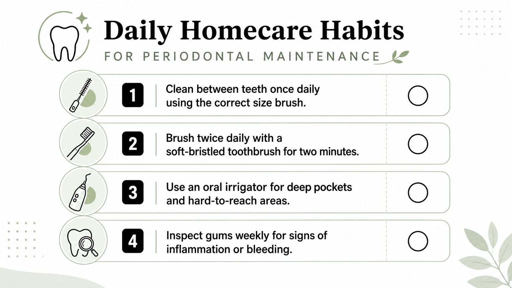 A checklist titled Daily Homecare Habits for Periodontal Maintenance outlining four essential dental care instructions.
