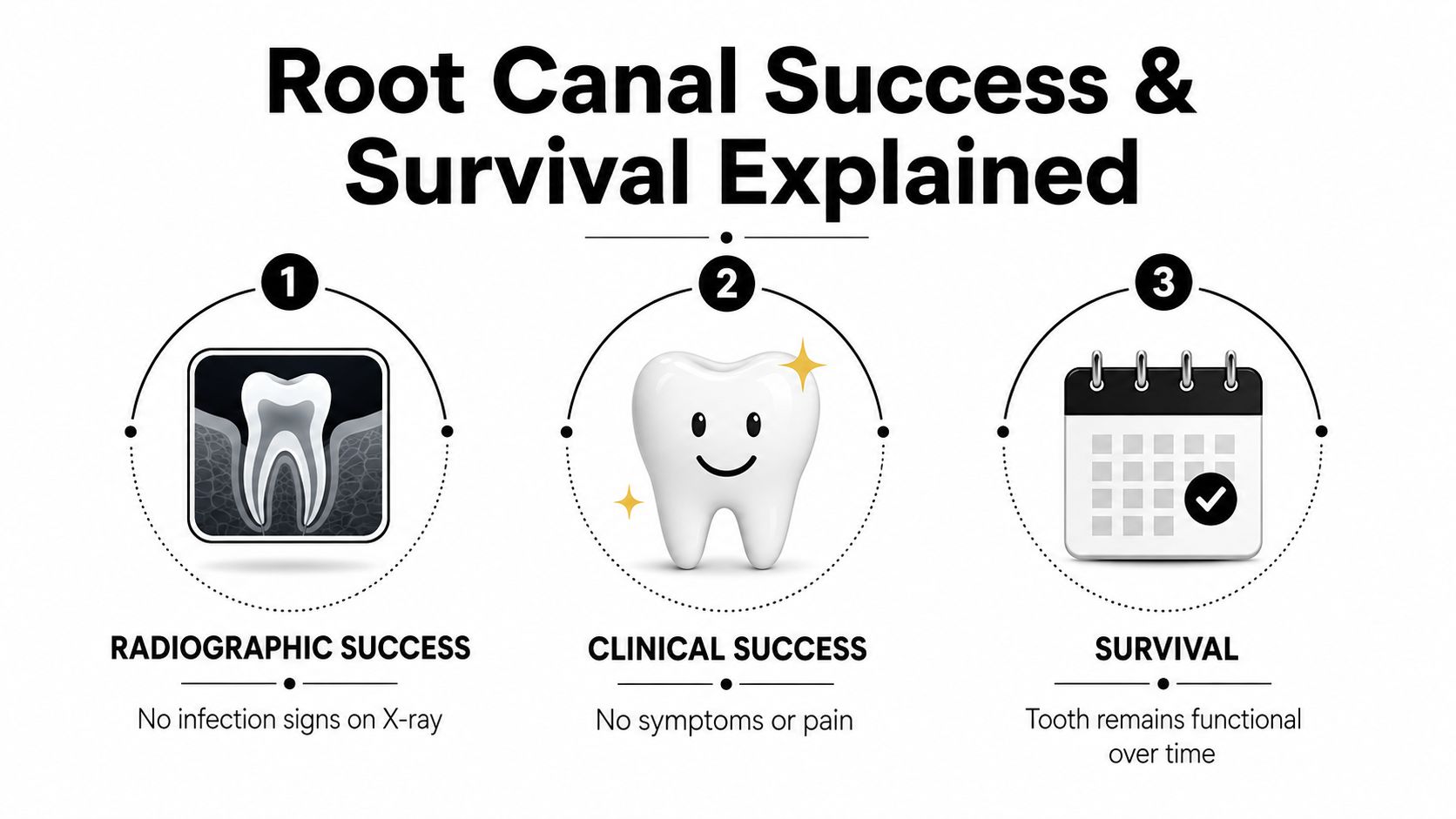 An infographic titled Root Canal Success and Survival Explained illustrating three key criteria for successful endodontic treatment.