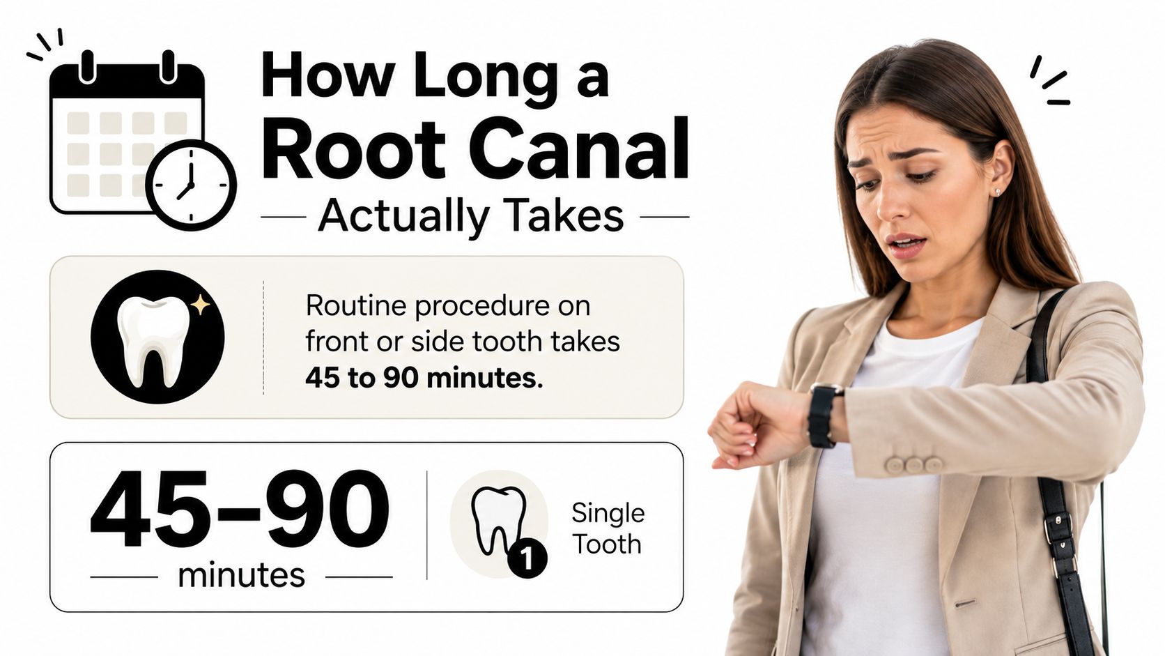 A woman looks at her watch while an infographic explains that a root canal takes 45 to 90 minutes.