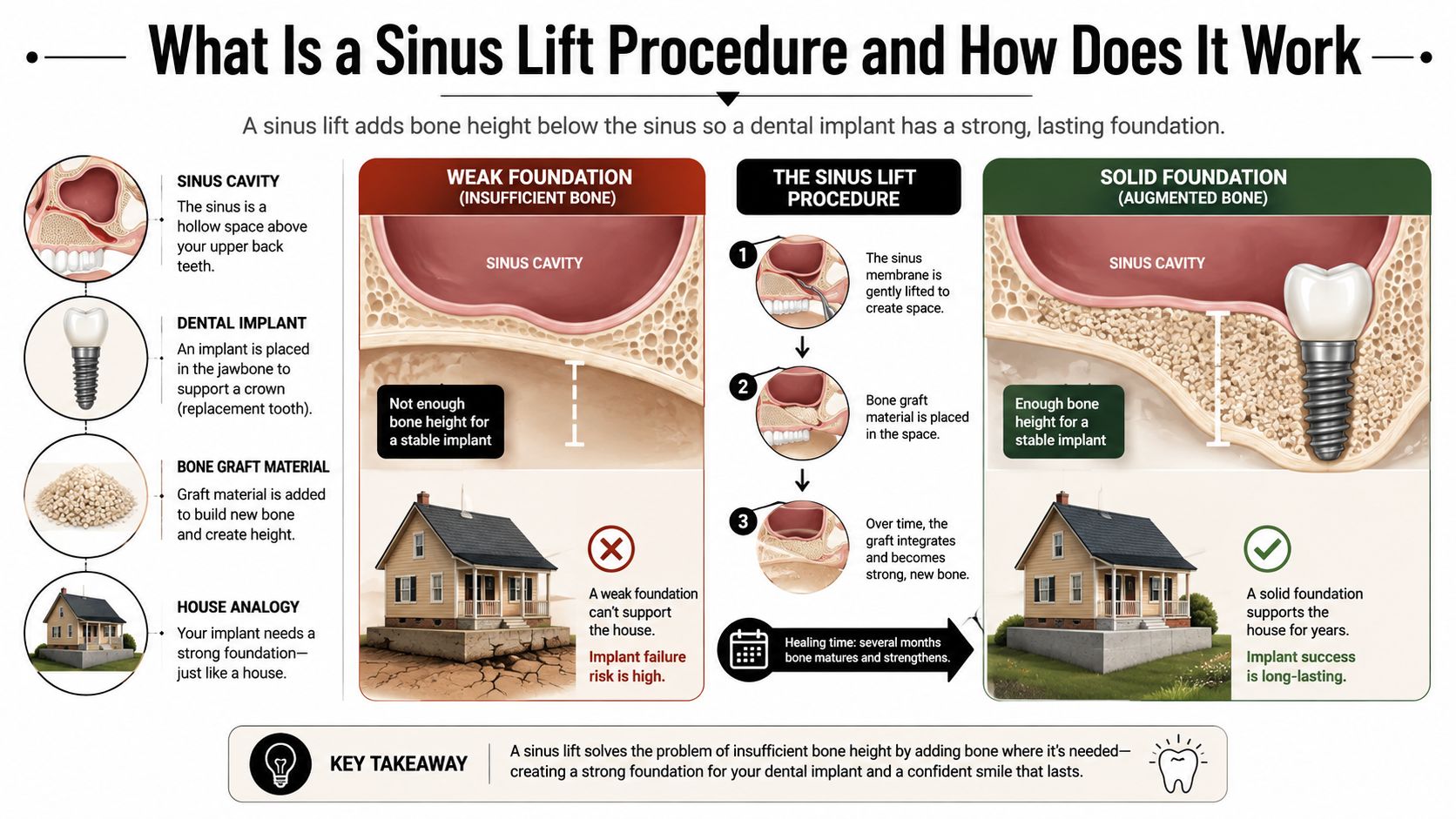 An educational infographic explaining the sinus lift procedure, showing how bone grafting supports dental implants.