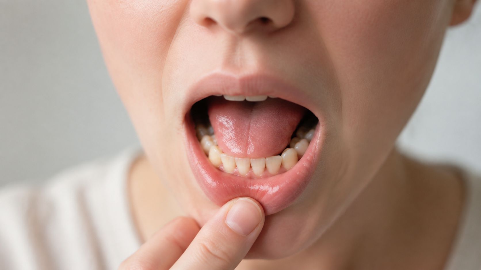 A close-up view of a person using their finger to pull down their lower lip to reveal teeth.
